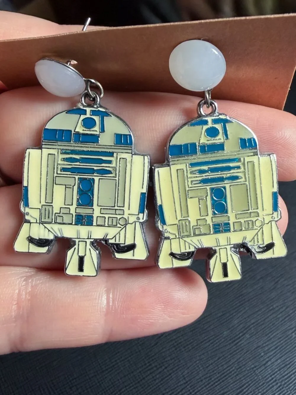 Star Wars R2-D2 Handmade Metal Dangle Earrings with Acrylic Moonstone Studs - Picture 5 of 8